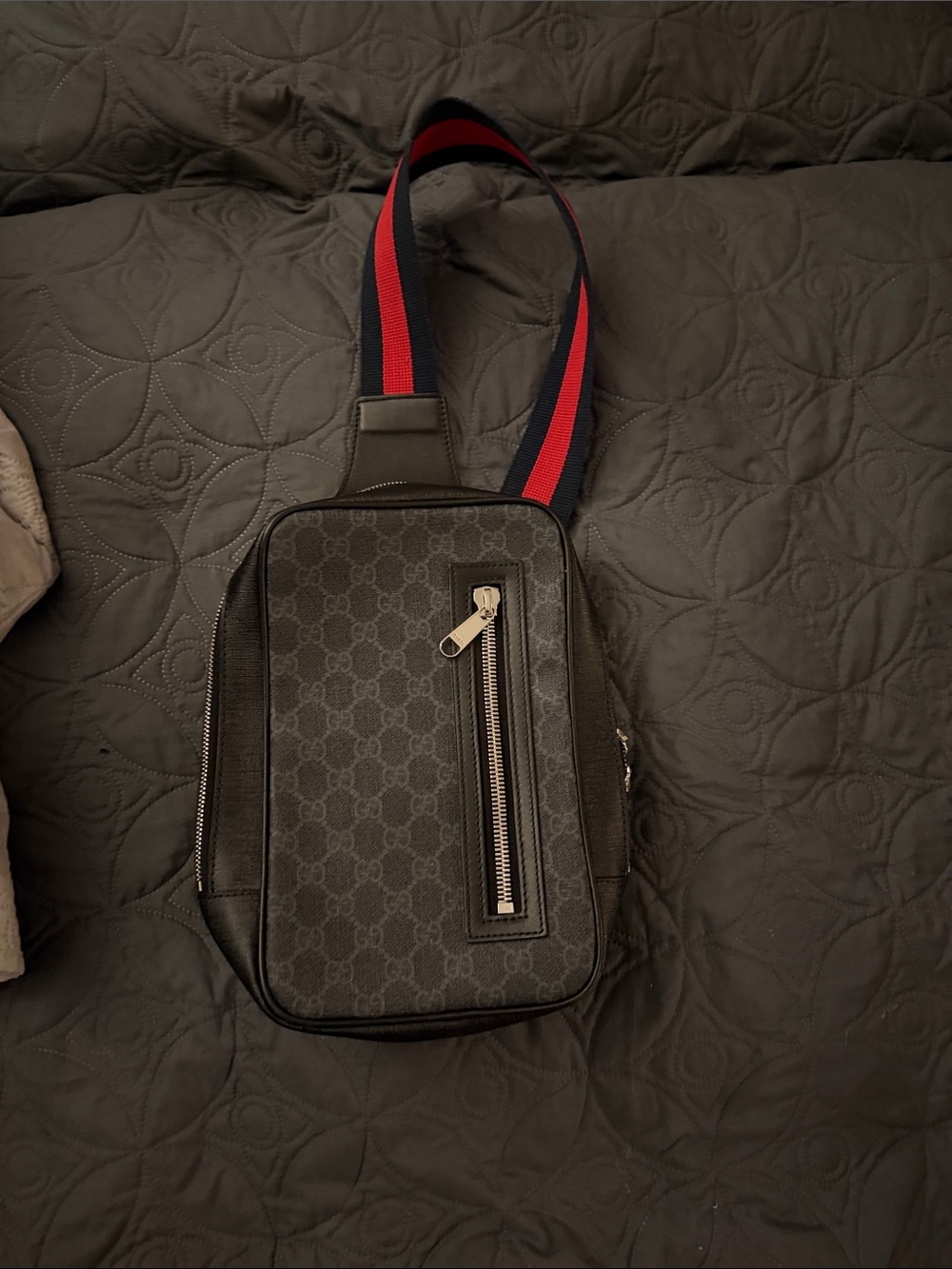 Gucci Black Monogram Sling Bag with Red and Blue Web Strap